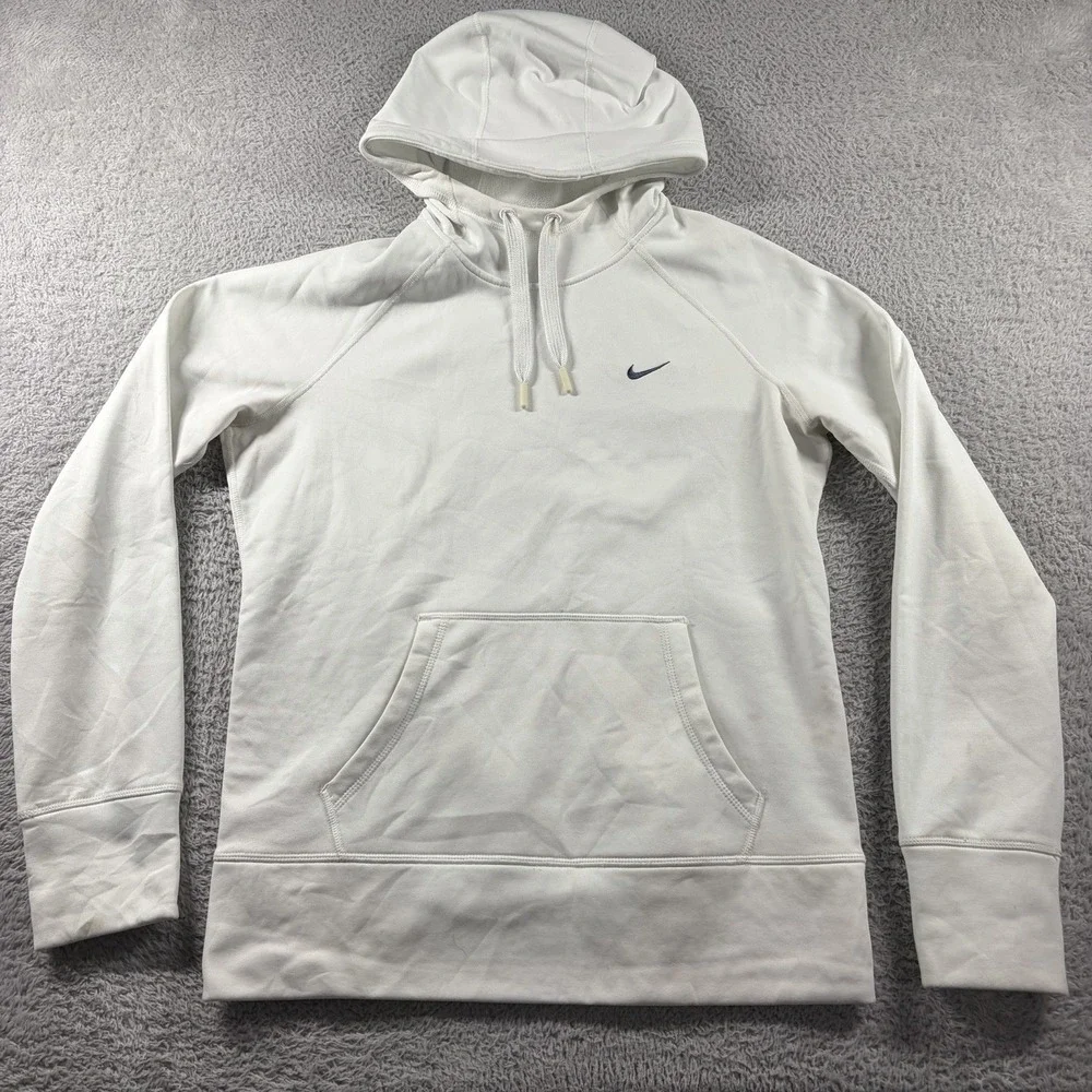 Nike Thermafit Hoodie White Womens Medium Fleece Lined Cowl Neck Thumb Holes